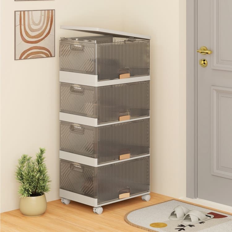 White-Brown PP and ABS Stackable Storage Bin with Wheels, Foldable Cubes