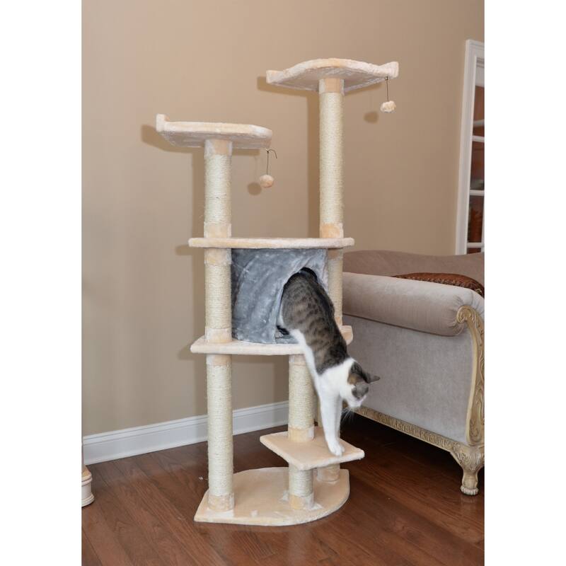 64" Real Wood Cat Tree With Scractch Sisal Post, Soft-side Playhouse, Almond