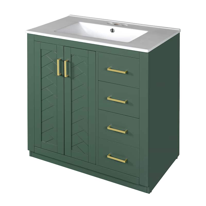 30''Bathroom Vanity With Ceramic Sink Combo,Solid Wood Frame Storage Cabinet,Set With 3 Drawers& Soft Closing Doors