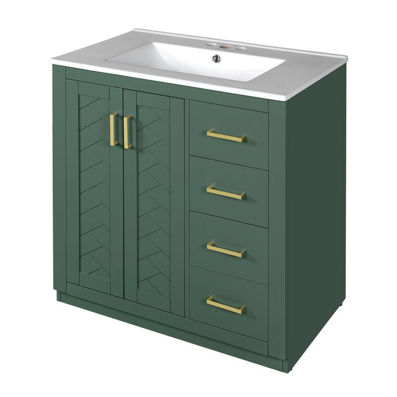 Roomfitters 30" Vanity with Ceramic Sink, Solid Wood Freestanding Cabinet with 3 Drawers and Soft Closing Doors