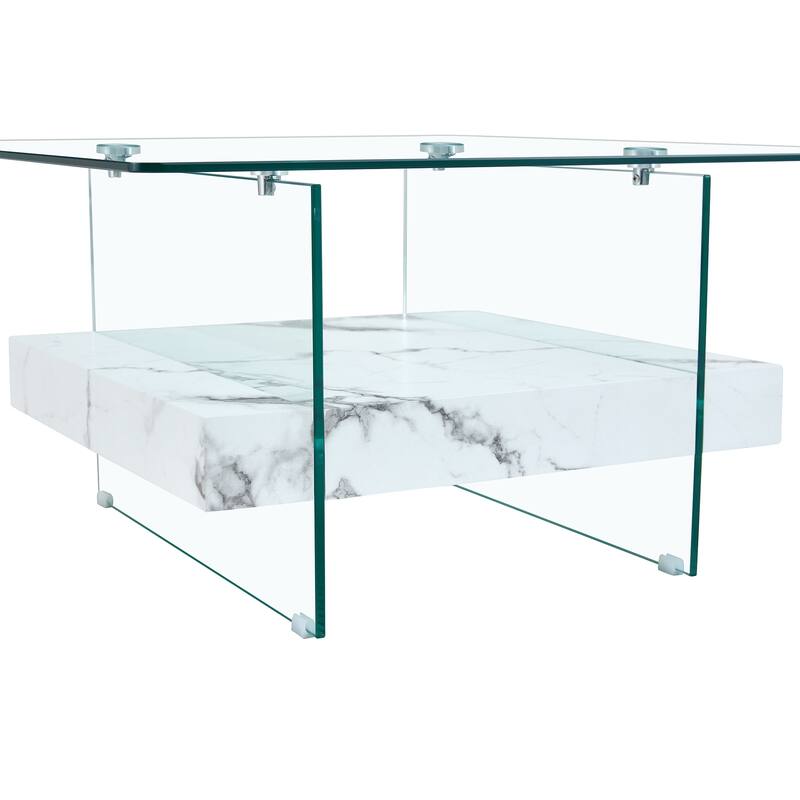 Roomfitters Square Glass Coffee Table with Walnut Finish, Two-Tier Modern Accent Table for Compact Spaces