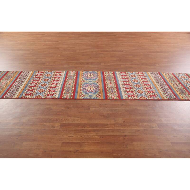 Hand Knotted Oriental 100% Wool Carpet Traditional All-Over Multi-Colored Kazak Runner Rug - 16' 0'' X 2' 7''