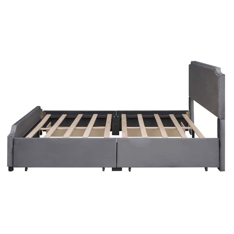Queen Upholstered Velvet Platform Bed Storage Bedframe with 4 Drawers