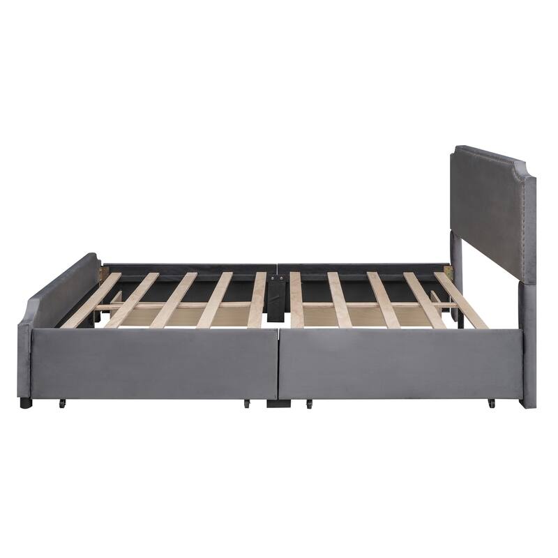 Velvet Fabric Upholstered Platform Bed with Stud Trim Headboard and Footboard and 4 Drawers No Box Spring Needed