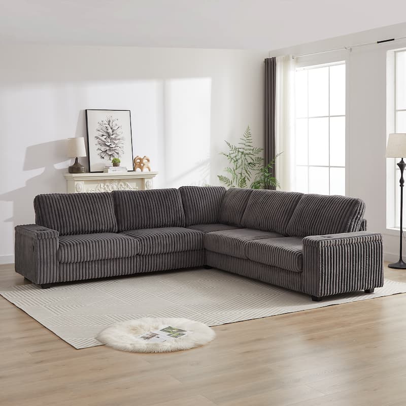 Dark Grey 110" Oversized Corduroy L-Shaped Corner Sectional Sofa with Storage Armrest, Cup Holder, USB & Type-C Ports