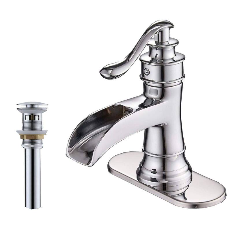 Waterfall Bathroom Faucet With Drain Assembly Single Handle Bathroon Sink Faucets One Hole Modern Basin Taps With Deck Plate - Chrome