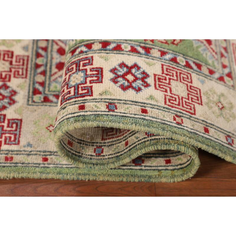 Light Green Geometric Kazak Oriental Accent Rug Handmade Wool Carpet - 2'7" x 3'10"
