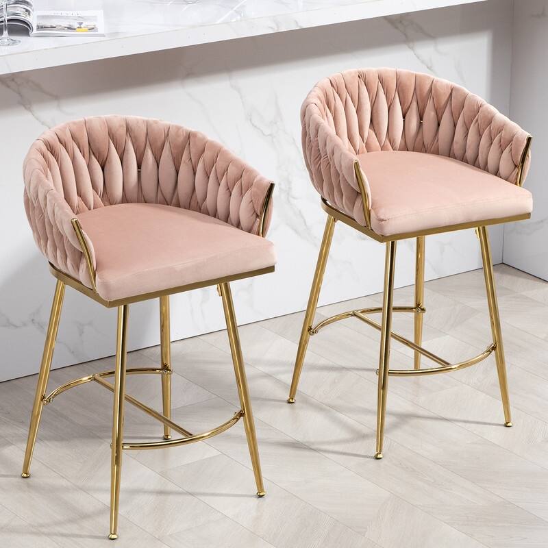 (Set of 1) 26" Velvet Counter Height Bar Stool with Wave Back, Golden Chrome Base and Footrest