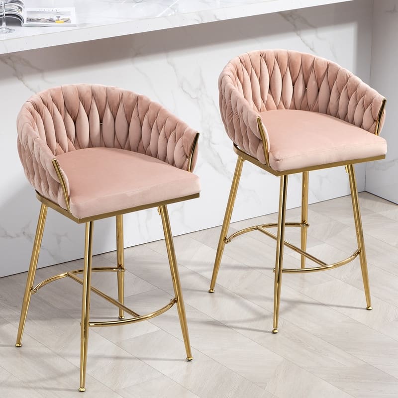26"H Seat Height Velvet Bar Stools with Golden Chromed Base and Footrest,2PCS