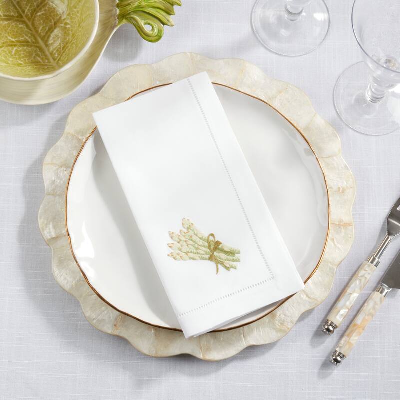 Asparagus Embroidered Cotton Decorative Napkins (Set of 6) - Botanical Bundle Detail for Dining and Entertaining, 20"x20"