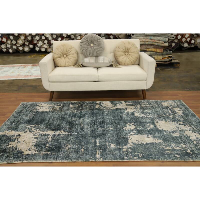 Hand Knotted Oriental Viscose Silk Carpet Modern Abstract Greys & Charcoal Abstract Area Rug - 7' 10'' X 4' 10''