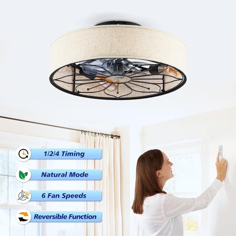 20" Lotus Design Fabric Farmhouse Bladeless Ceiling fan With Remote Control For Living room, Bedroom,Kitchen