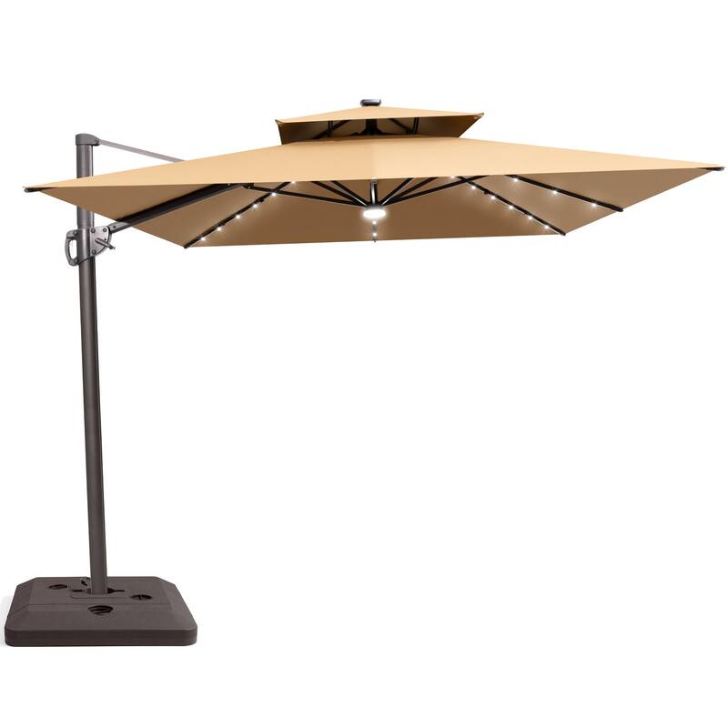 9 FT x 11 FT Outdoor Double Top LED Lighted Patio Cantilever Umbrella with Base
