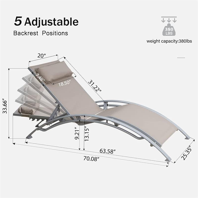 5 Adjustable Aluminum Outdoor Patio Recliner Chair in Gray, 2 Lounge Chairs with Pillow - N/A