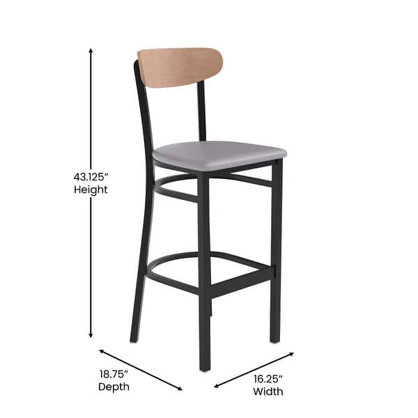 dimension image slide 1 of 13, Commercial Metal Barstool with Wood Seat and Boomerang Back