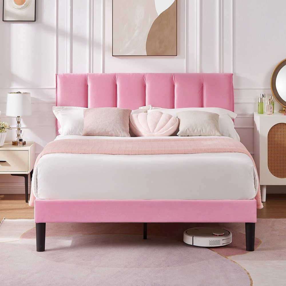 VECELO Pink Tufted Upholstered Platform Bed Frame with Adjustable Height Headboard Twin/Full/Queen Size Beds