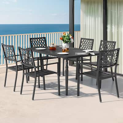 Patio Metal Dining Set with 6 Stackable Chairs and Umbrella Hole, Black