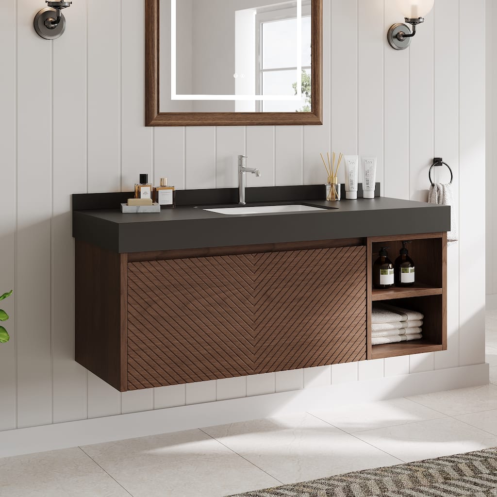 48" Modern Floating Single Bathroom Vanities with Sink, Brown or Natural wood, 2 Drawers