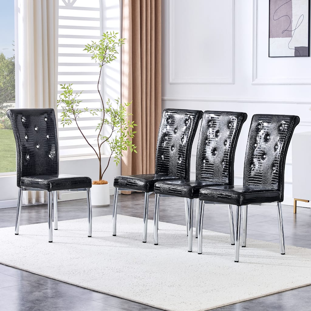 Set of 4, Retro alligator skin Upholstered dining chairs with Crystal buckle design and Faux Leather design