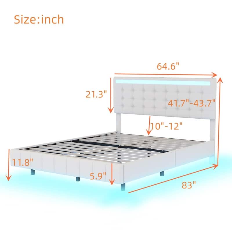 Queen Size Floating Bed Frame with USB Charging, Upholstered Platform