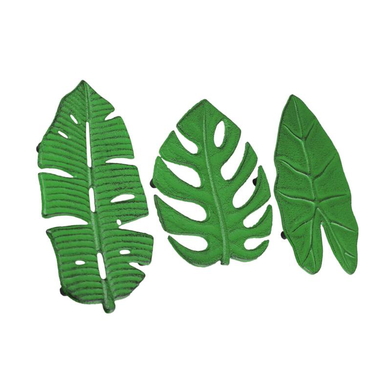 Zeckos Green Cast Iron Tropical Leaf Kitchen Trivets (Set Of 3) - 0.5 X 9.75 X 5.25 inches
