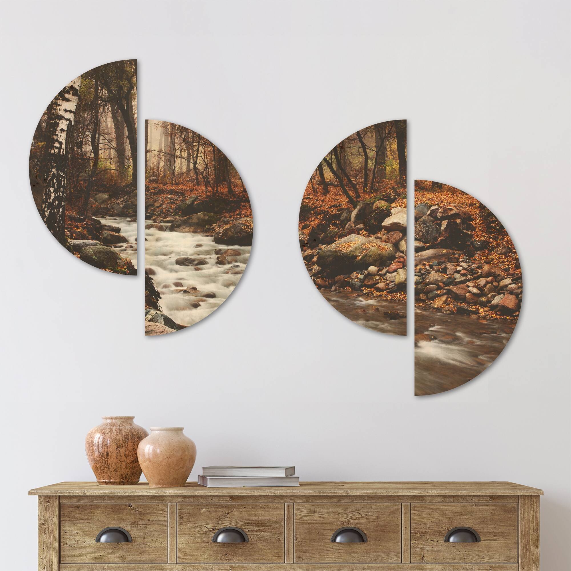 Designart 'Stream in Autumn Forest' Landscape Wood Wall Art Set of 4