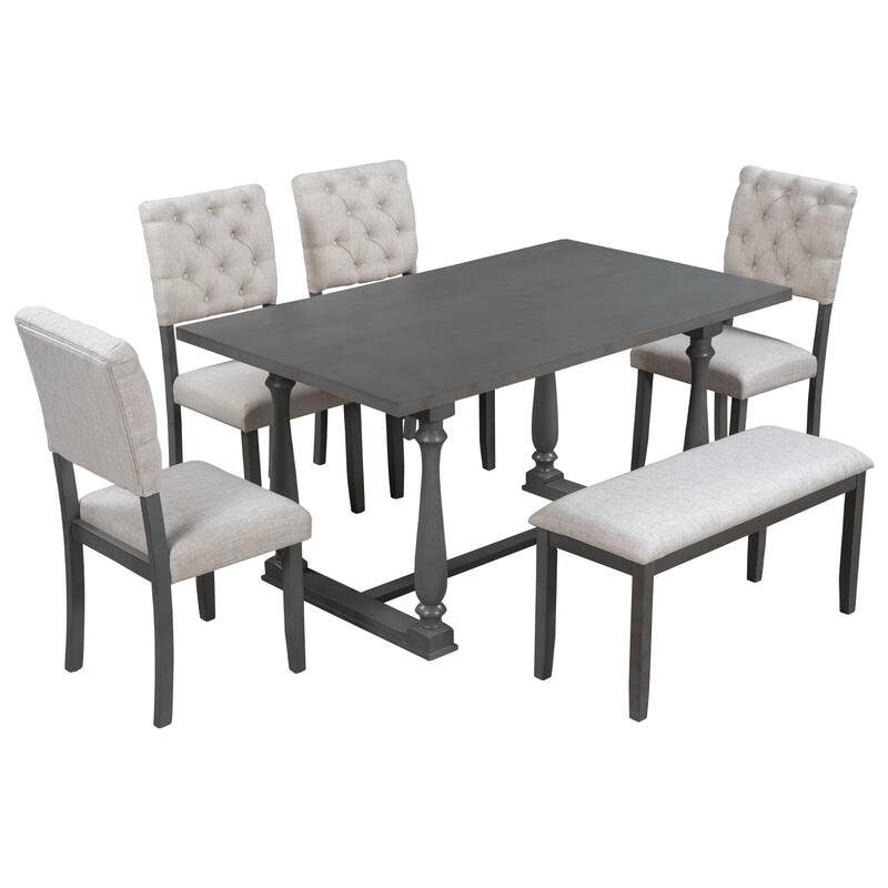 Gray Retro 6-Piece Wooden Dining Table Set with Rectangular Table & 4 Chairs