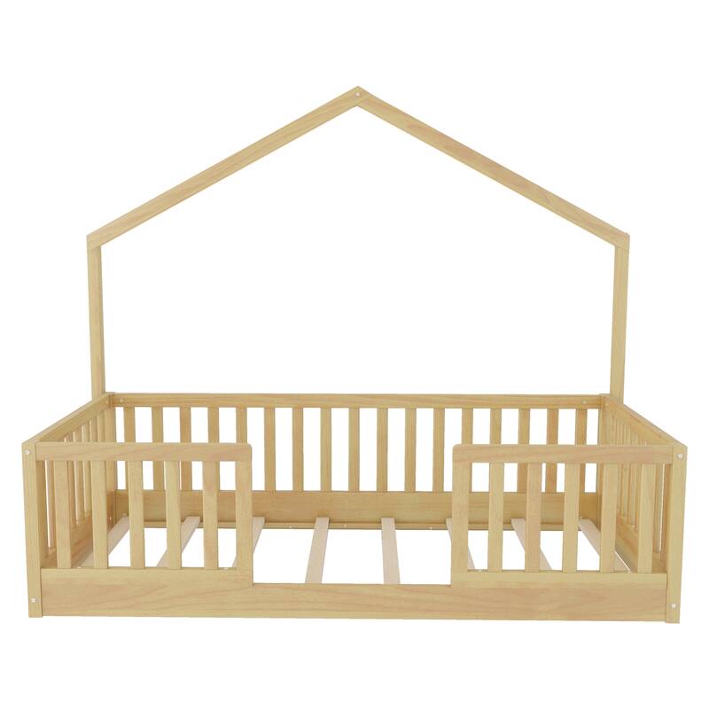 Twin Floor Bed with High Rails, Wooden Montessori Bed with Light for Kids, Boys and Girls