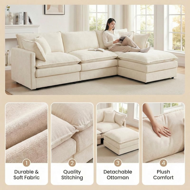 Homy Casa 102" L-Shaped Modular Sectional Sofa Movable Ottoman, Cloud-Style Chenille Couch, DIY Combination for Living Room Tray