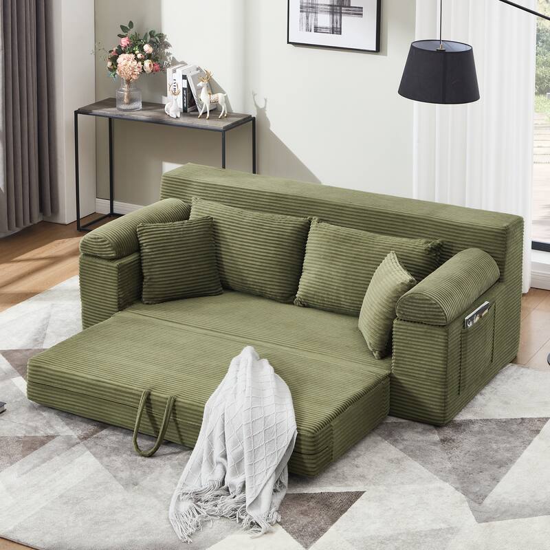 78" W Convertible Sleeper Sofa Bed Corduroy Loveseat with Pillows
