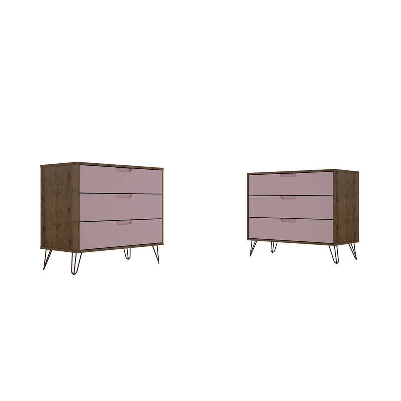 Manhattan Comfort Rockefeller 3-Drawer Dresser (Set of 2) - Nature and Rose Pink