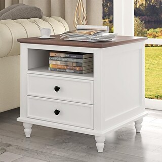 Rustic Farmhouse End Table with Charging Station, 2 Drawers, and Open ...