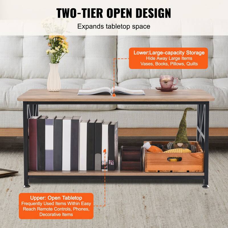 2-Tier 40 Inch Rectangle Coffee Table with Open Storage Compartment and Metal Frame - 39.4” x 19.7” x 18.3”