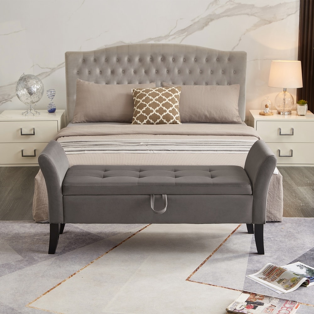 Ottoman Bench Leisure Bench with Solid Wood Legs and Armrests, Upholstered Flip End of Bed Bench with Safety Hinges