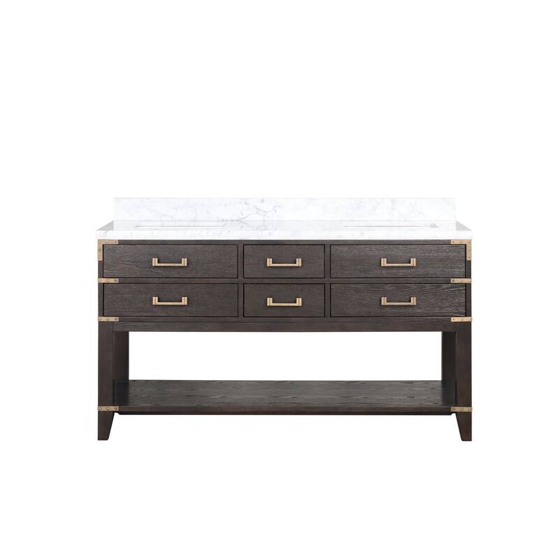 Lexora Norwalk Bath Vanity and Carrara Marble Top - 60 Inch - Brown Oak