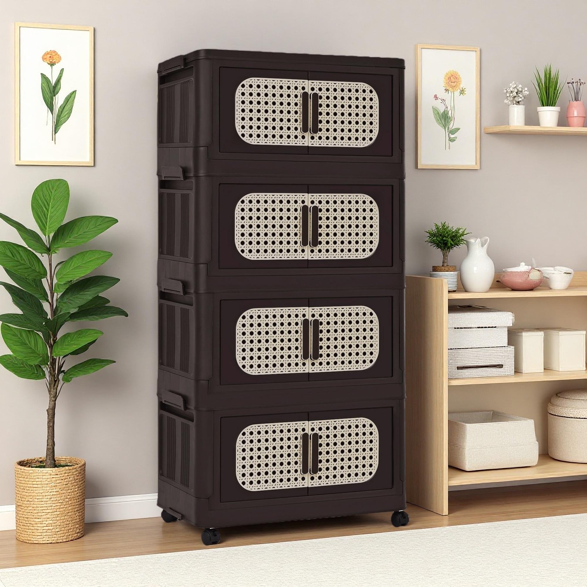 20" PP Foldable 4-Tier Side Storage Cabinet with Magnetic Door and Wheels for Living Room, Kitchen or Bedroom