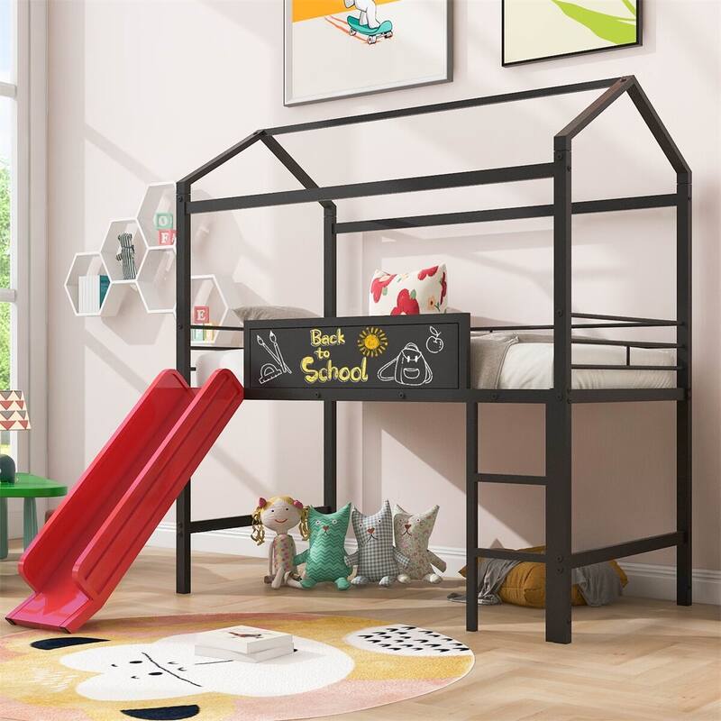 Merax Metal Twin House Loft Bed with Two-sided writable Wooden Board, Slide - Black and Red