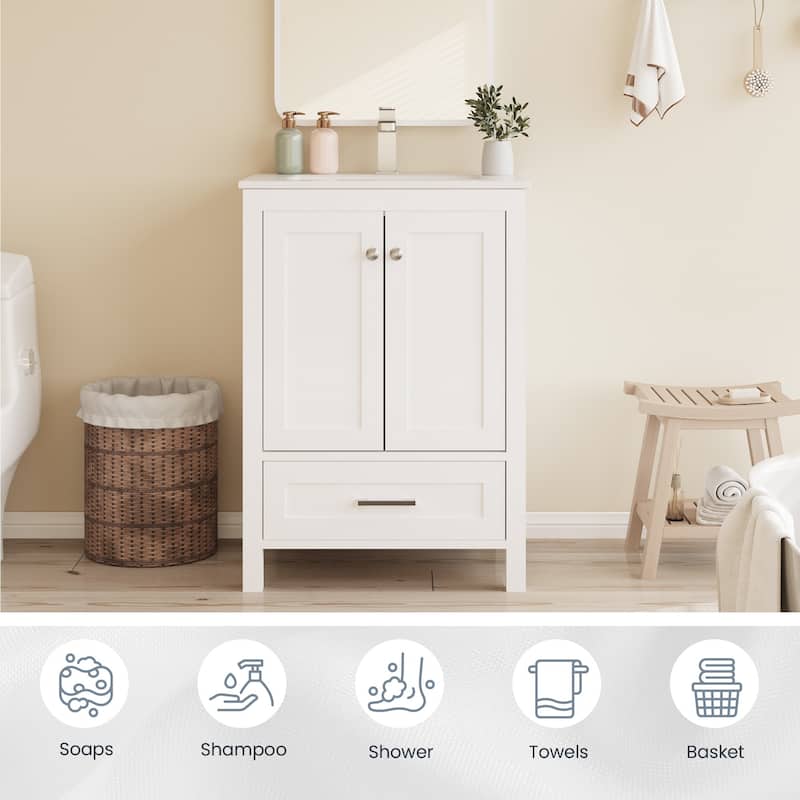EROMMY All-in-One Bathroom Vanity with Ceramic Sink, Soft-Close Storage Cabinet & Drawer, Glossy Countertop, White