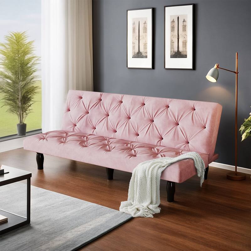 66" Pink Velvet Sofa Bed with Storage, USB-C Ports for Small Spaces