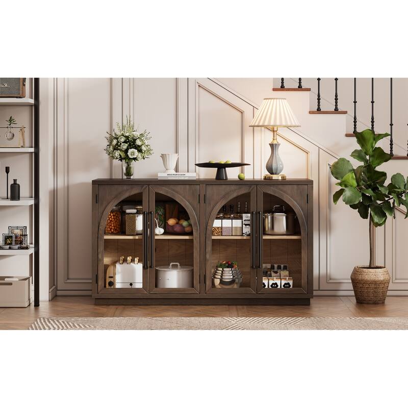 4-Door Large Storage Buffet Cabinet with Glass Doors and Adjustable Shelves