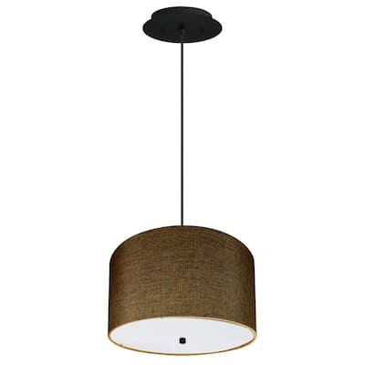 16" W 2 Light Pendant Chocolate Burlap Shade with Diffuser, Black Cord - N/A