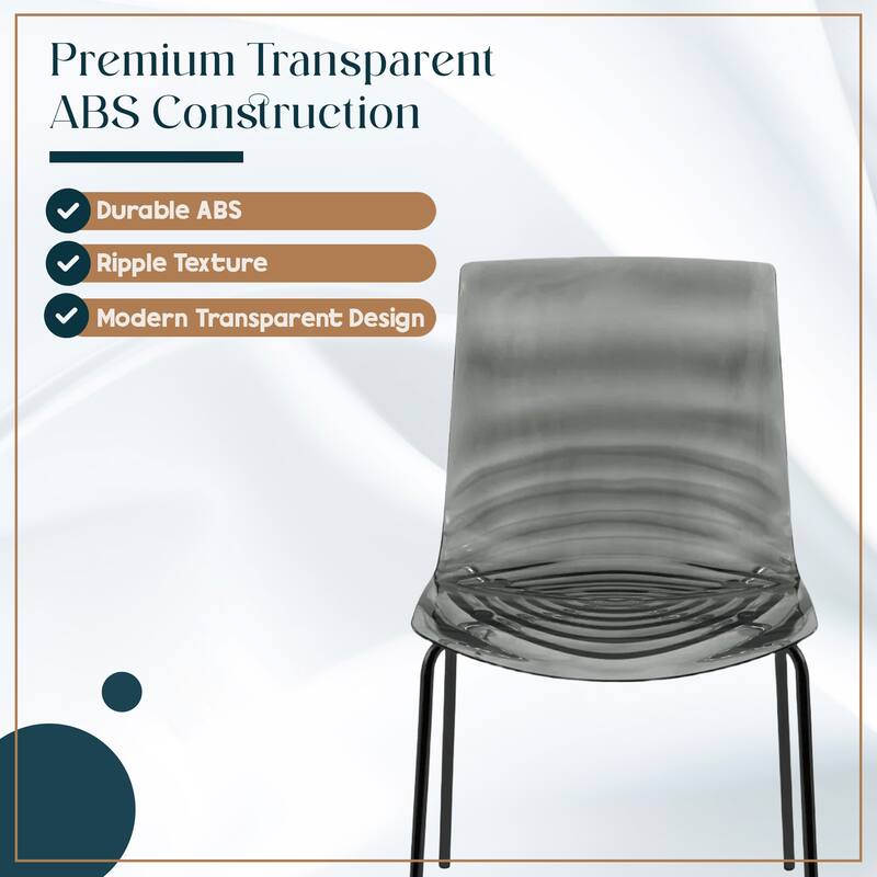 Astor Modern Minimalist Transparent Dining Chair with Black Metal Legs and Ripple Design Accent Side Chair for Indoor & Outdoor