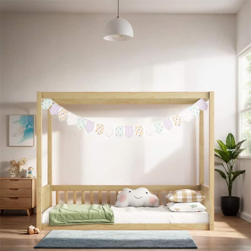 Twin Size Canopy Frame Floor Bed with Fence,Guardrails