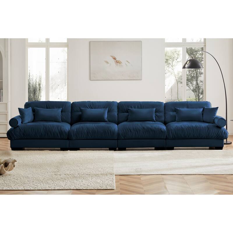 Modern Sectional Couch Comfortable Upholstered Sofa Set with Lumbar Pillow and Throw Pillow for Living Room - 4 Seats - Blue