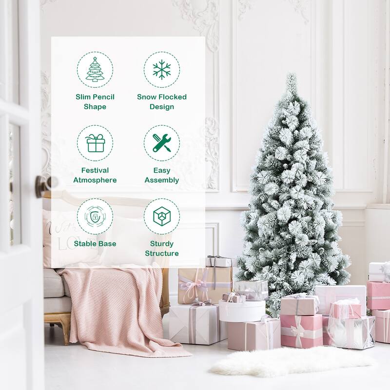 Costway 5ft/6ft/7ft Snow Flocked Hinged Artificial Slim Christmas Tree