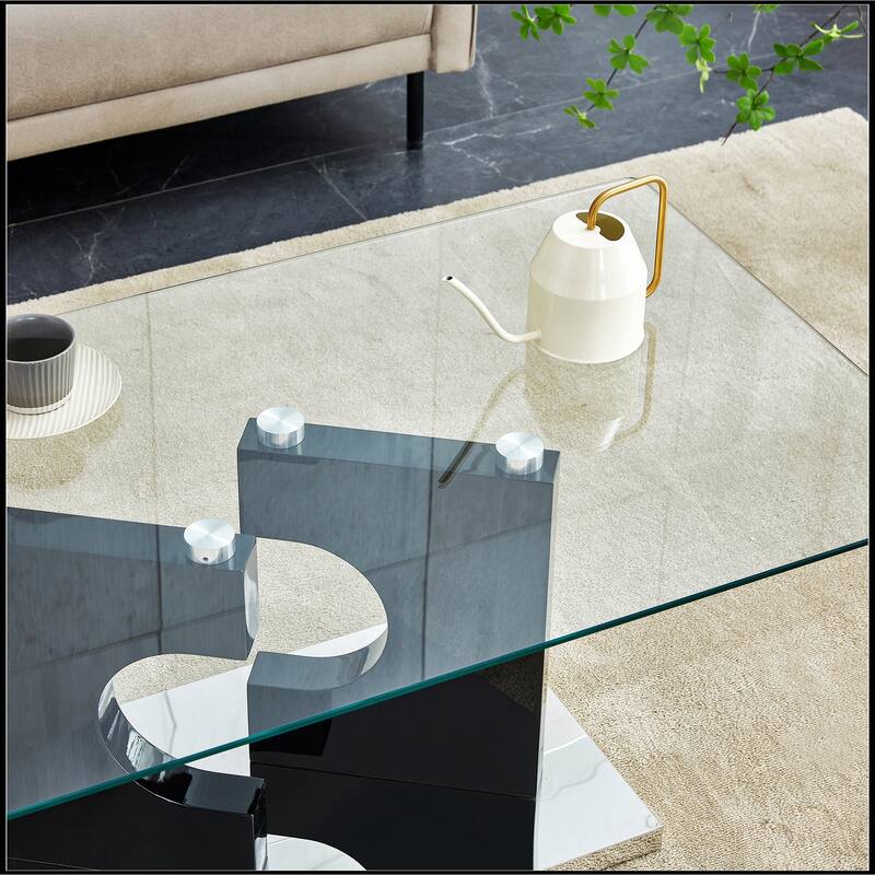 Rectangular Coffee Table with Tempered Glass Tabletop and White MDF Legs