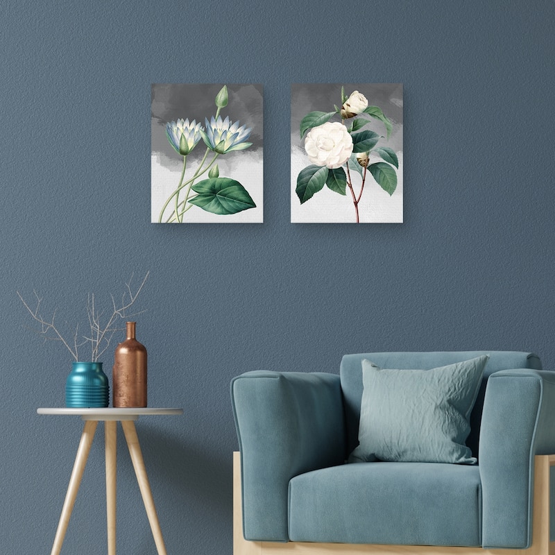 Blue Lotus & White Common Camellia Grey Canvas Art Prints
