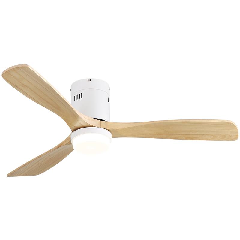 Sofucor 52 Inch Flush Mount Ceiling Fan with Remote, Reversible Motor,Integrated Light Optional - With Light - White with Burlywood