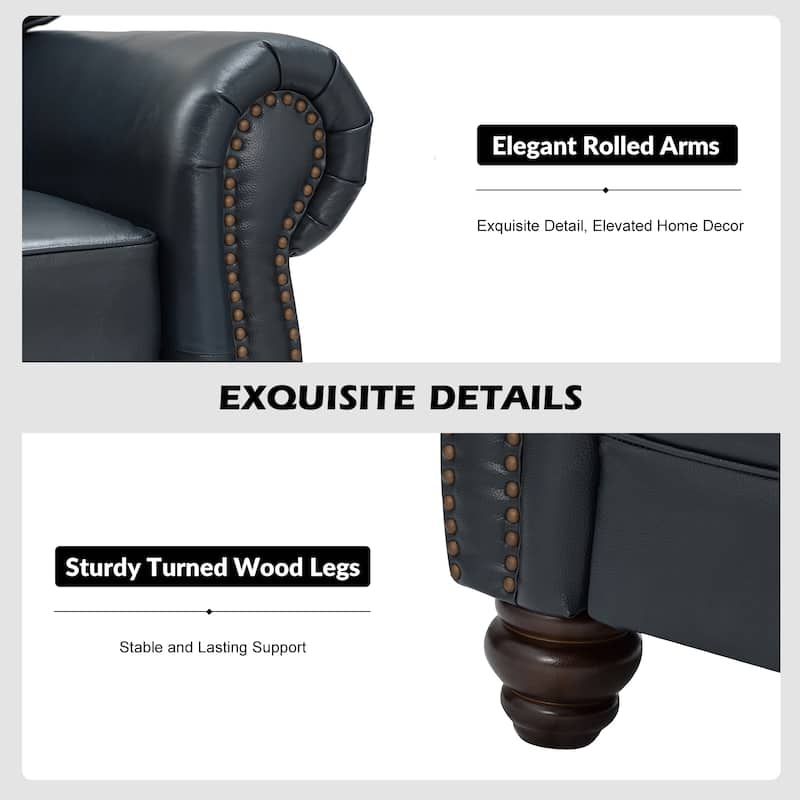 Balvino 81" Wide Transitional Genuine Leather Rolled Arm Sofa with Nailhead Trim and Removable Cushions