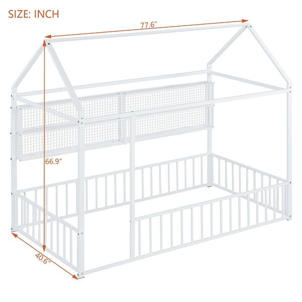 dimension image slide 2 of 4, Metal Floor Bed House Bed Frame with Fence and Storage Shelves